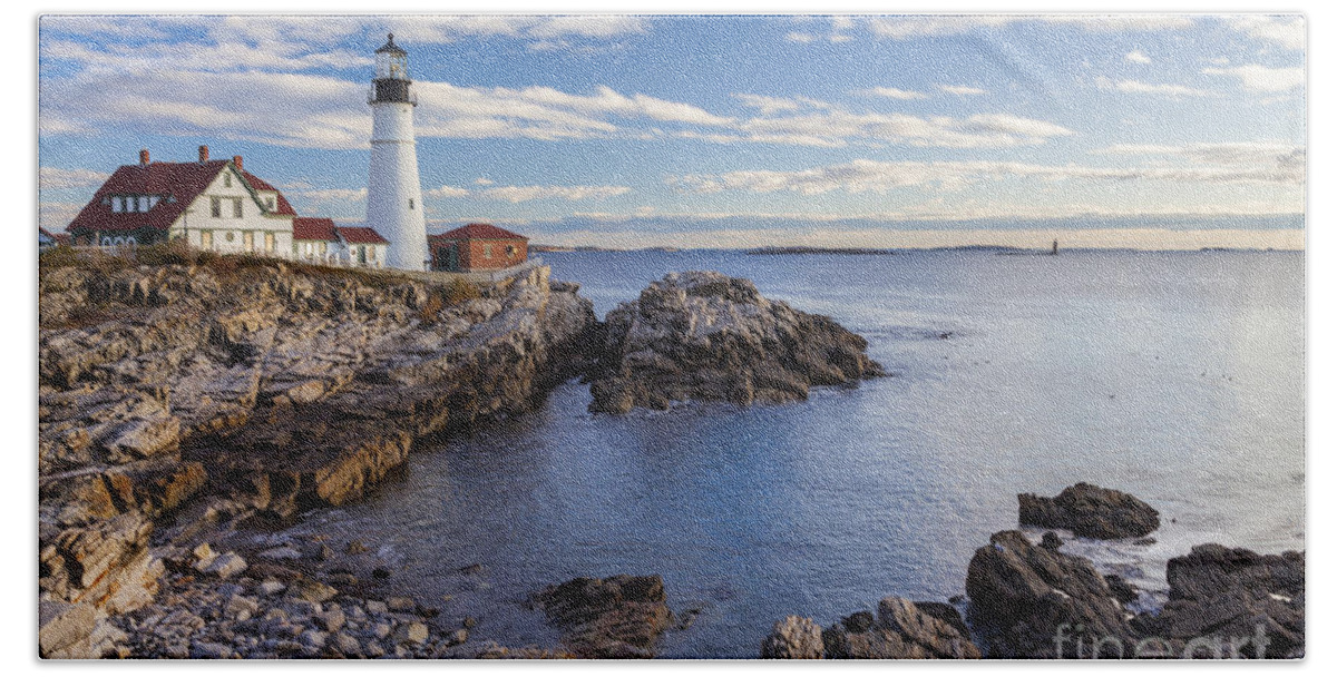 Cape Elizabeth Beach Towel featuring the photograph Portland Head Light lighthouse Maine by Ken Brown