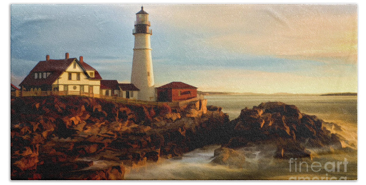 Portland Head Lighthouse Beach Sheet featuring the photograph Portland Head Lighthouse at Dawn by Jerry Fornarotto