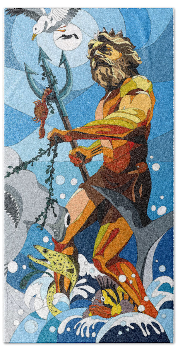 Poseidon Beach Sheet featuring the painting Poseidon - w/hidden pictures by Konni Jensen