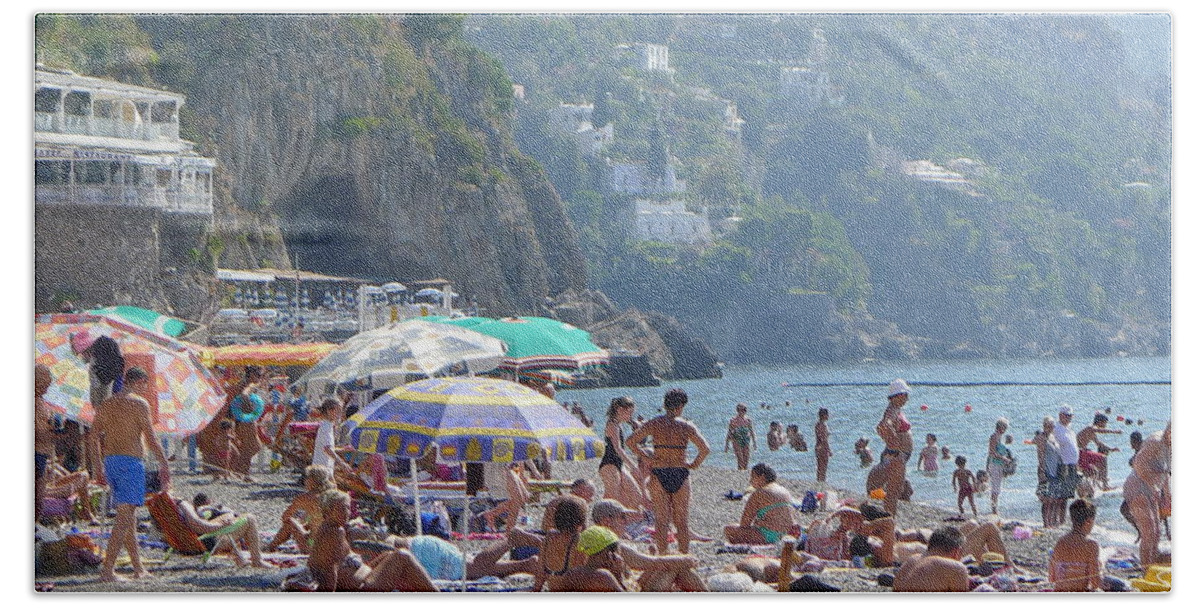  Beach Towel featuring the photograph Positano - Sono Tutti in Spiaggia by Nora Boghossian