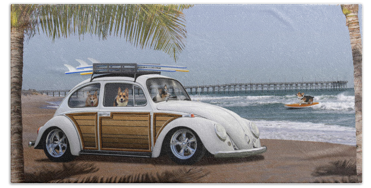 Dogs Beach Towel featuring the photograph Postcards from Otis - Beach Corgis by Mike McGlothlen