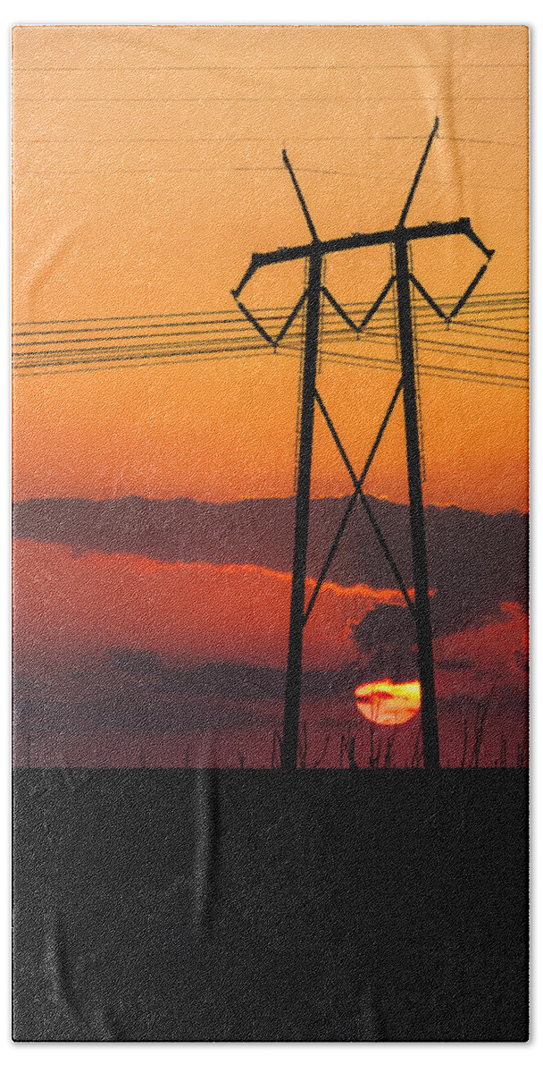 Power Tower Beach Sheet featuring the photograph Power Tower With Setting Sun by Ed Gleichman