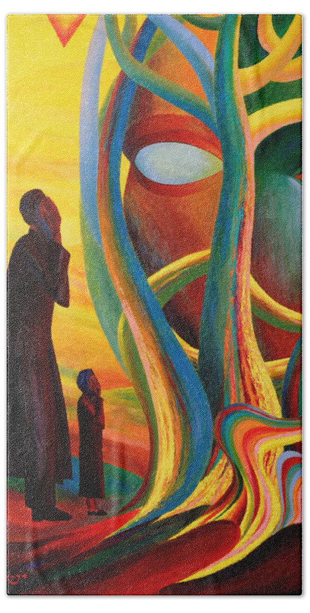 Prayers At The Tree Of Life Beach Towel featuring the painting Prayers at the Tree of Life by Israel Tsvaygenbaum