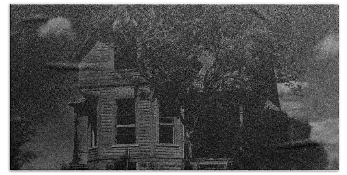 Psycho House Number 1 Black Hills South Dakota 1965-2010 Black And White Beach Towel featuring the photograph Psycho house number 1 Black Hills South Dakota 1965-2010 black and white by David Lee Guss