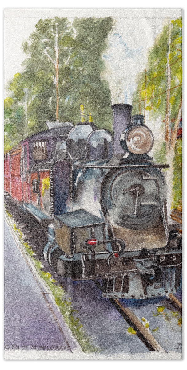 Steam Locomotive Beach Towel featuring the painting Puffing Billy at Belgrave by Dai Wynn