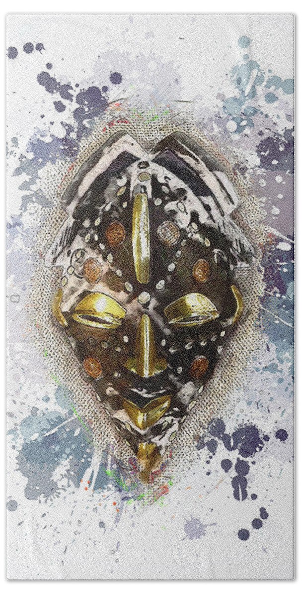'treasures Of Africa' Collection By Serge Averbukh Beach Towel featuring the digital art Punu Prosperity Mask by Serge Averbukh