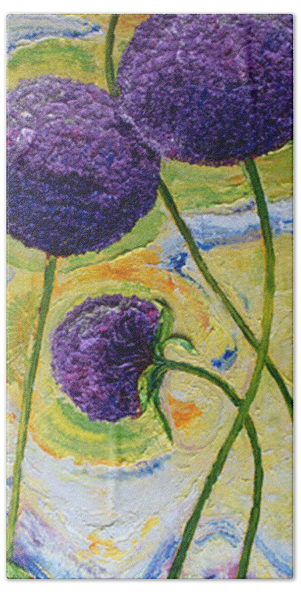 Allium Beach Towel featuring the painting Purple Allium Flowers and Swiss Chard by Paris Wyatt Llanso