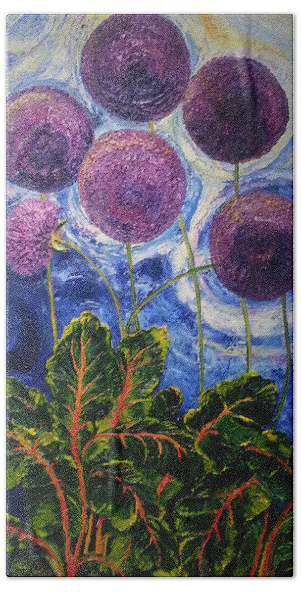 Swiss Chard Beach Towel featuring the painting Purple Alliums and Swiss Chard by Paris Wyatt Llanso