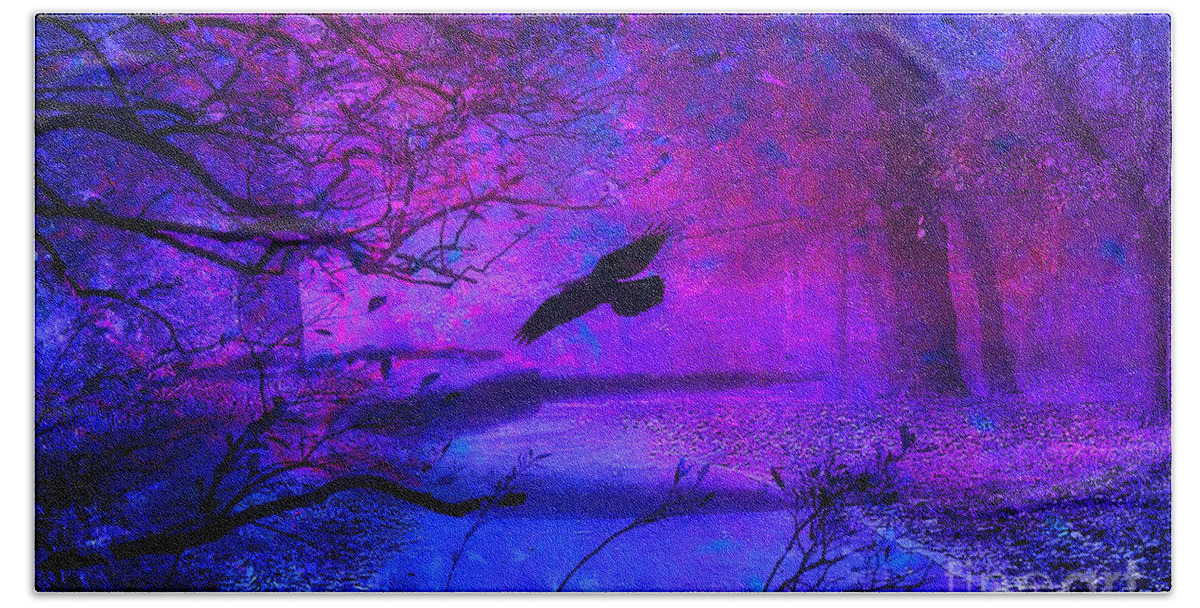 Purple Beach Towel featuring the photograph Purple Gothic Haunting Nature - Surreal Fantasy Gothic Raven Forest Woodlands by Kathy Fornal