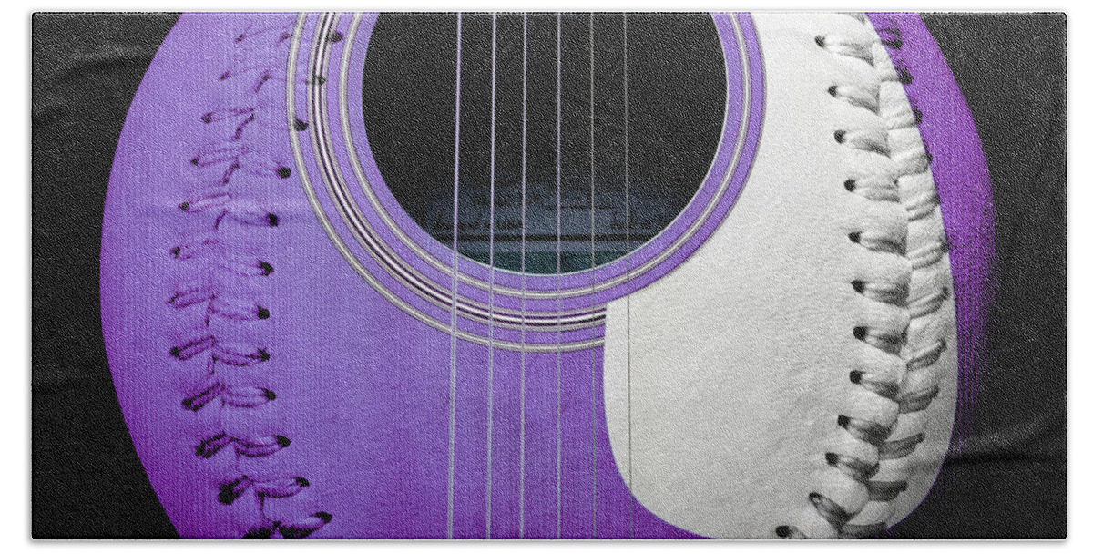 Baseball Beach Towel featuring the digital art Purple Guitar Baseball White Laces Square by Andee Design