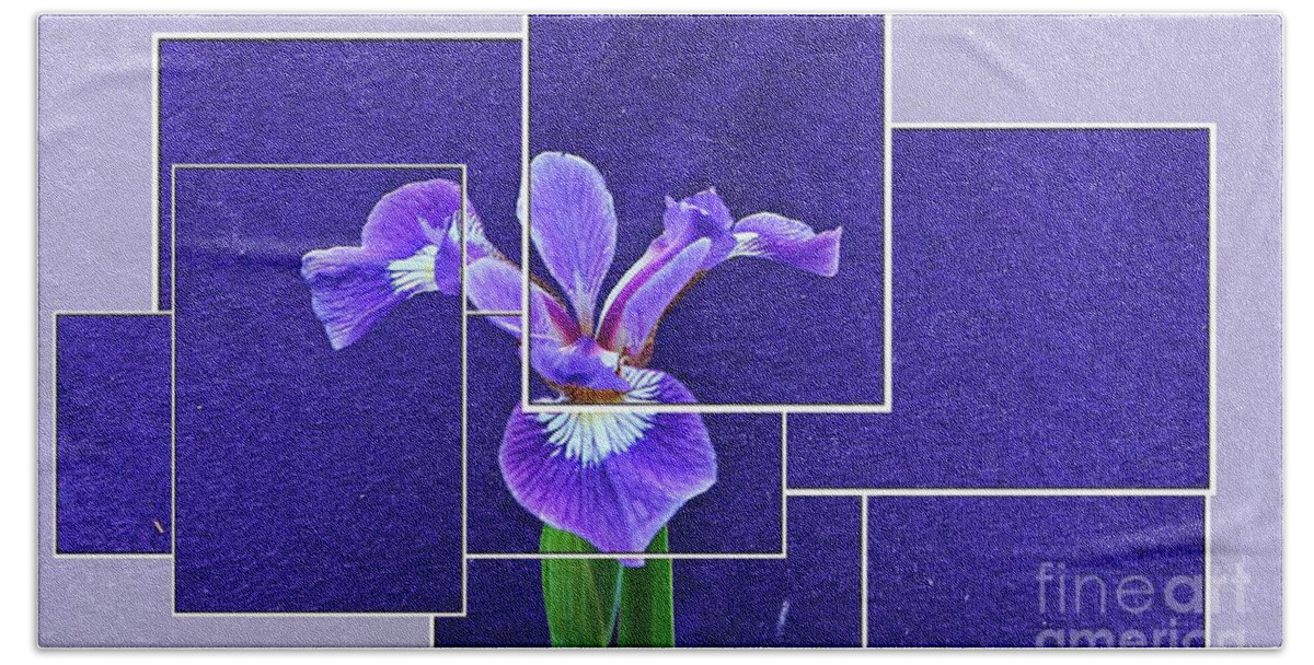 Purple Iris Montage Beach Towel featuring the photograph Purple Iris Montage by Barbara A Griffin