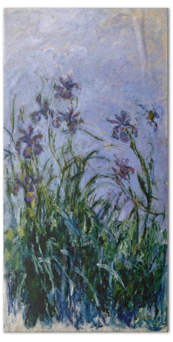 Purple Beach Towel featuring the painting Purple Irises by Claude Monet