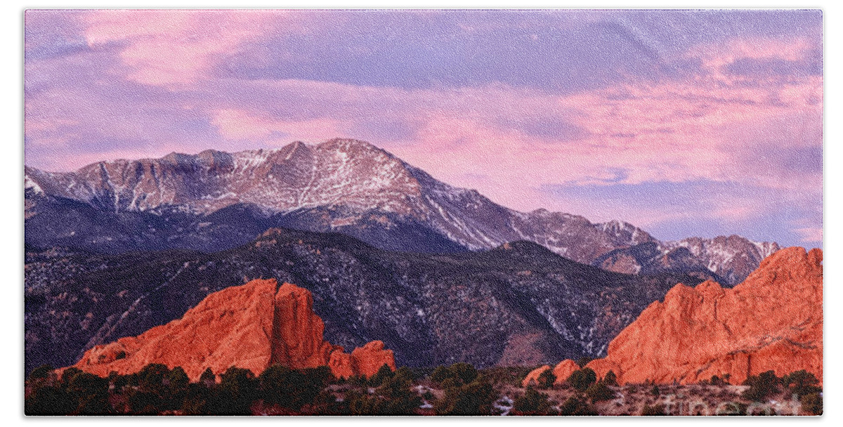 Pikes Peak Beach Sheet featuring the photograph Purple Skies over Pikes Peak by Ronda Kimbrow
