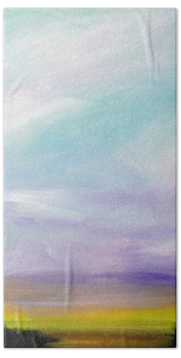 Sky Beach Towel featuring the painting Purple Sky and Pine Forest by Katy Hawk