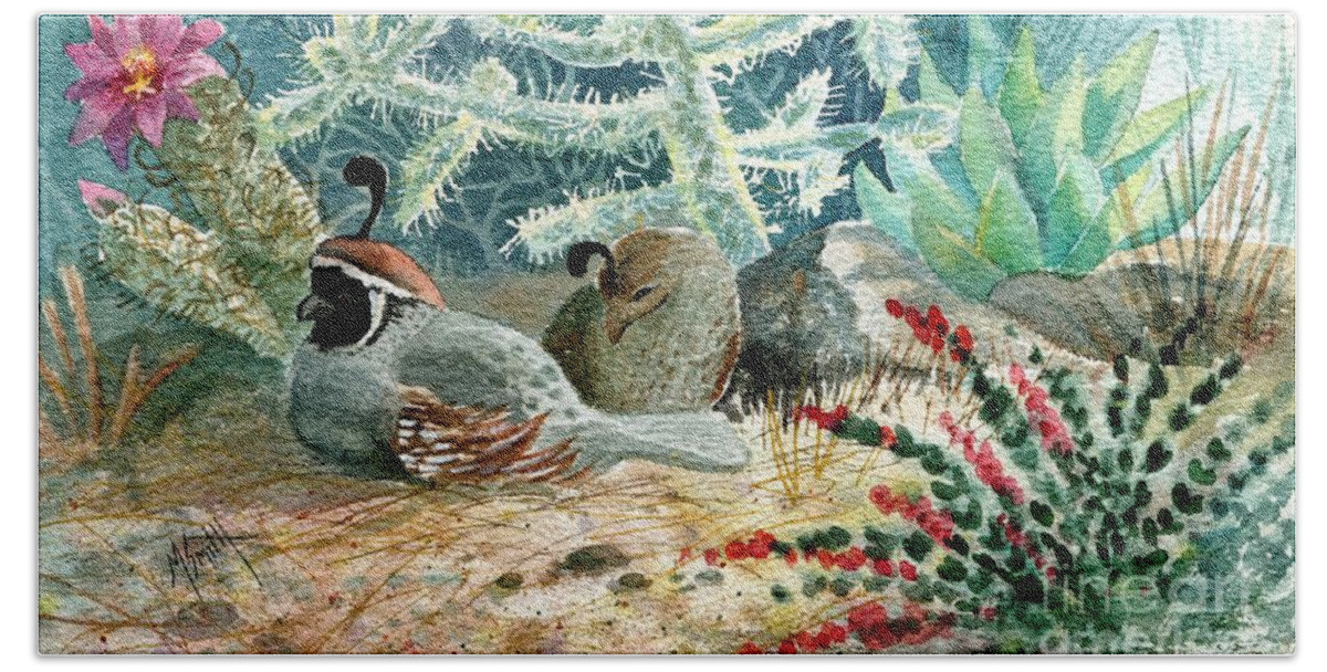 Gambel's Quail Beach Towel featuring the painting Quail at Rest by Marilyn Smith