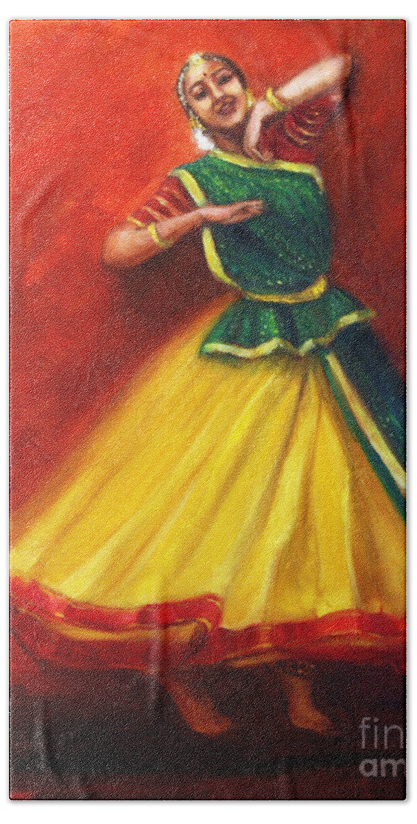 Kathak Dancer Beach Towel featuring the painting Radha dancing thinking of Krishna by Asha Sudhaker Shenoy
