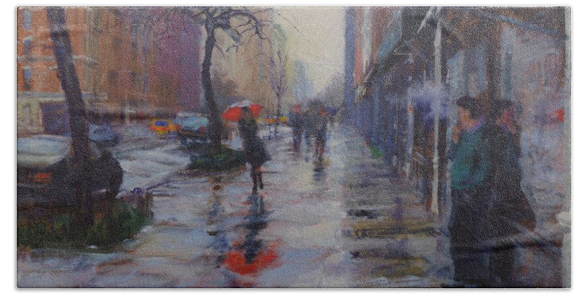 Landscape Beach Towel featuring the painting Rain and Smoke on Amsterdam Avenue by Peter Salwen