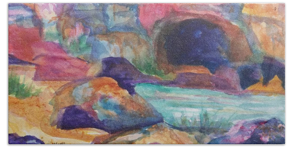 Cave Beach Towel featuring the painting Rainbow Cave by Ellen Levinson