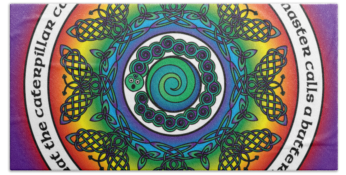 Rainbow Beach Sheet featuring the digital art Rainbow Celtic Butterfly Mandala by Celtic Artist Angela Dawn MacKay