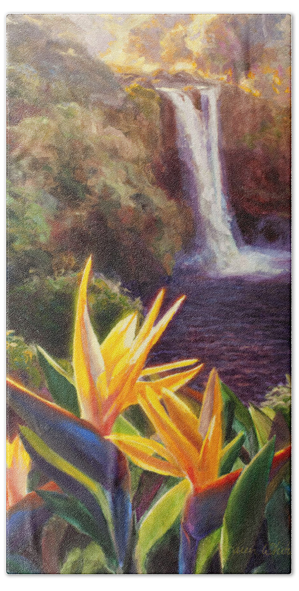 Art Beach Sheet featuring the painting Rainbow Falls Big Island Hawaii Waterfall by K Whitworth