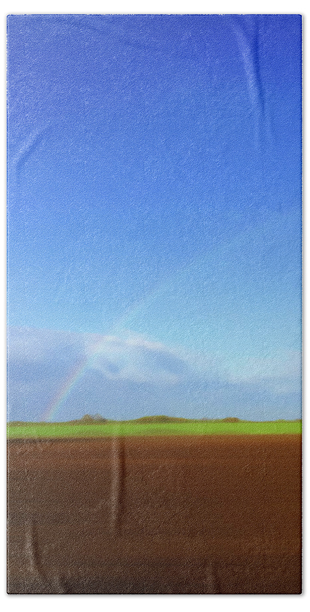 Beauty In Nature Beach Towel featuring the photograph Rainbow In Field by Ikon Ikon Images