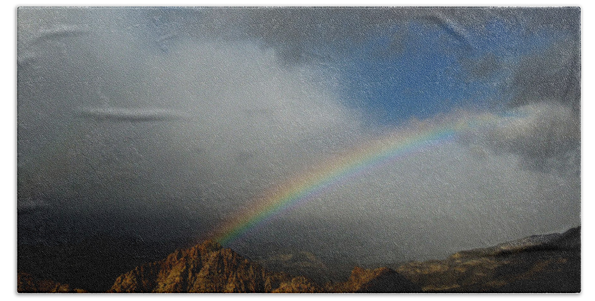 Rainbow Beach Towel featuring the photograph Rainbow Over Red Rock Canyon by Alan Socolik
