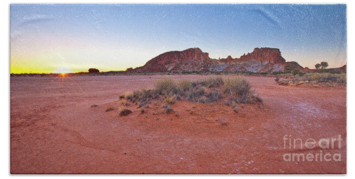 Rainbow Valley Sunrise Outback Landscape Central Australia Water Hole Northern Territory Australian Clay Pan Beach Towel featuring the photograph Rainbow Valley sunrise by Bill Robinson