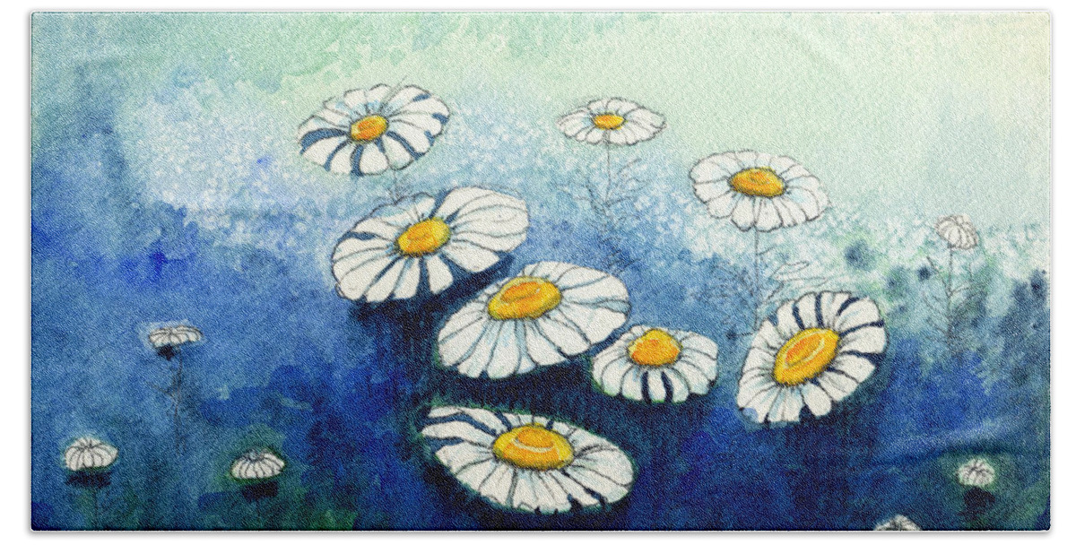 Indigo Beach Towel featuring the painting Rainy Daisies by Katherine Miller