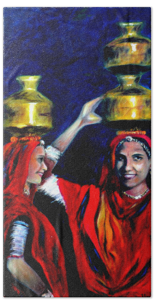 Rajasthani Women Beach Towel featuring the painting Rajasthani women by Uma Krishnamoorthy