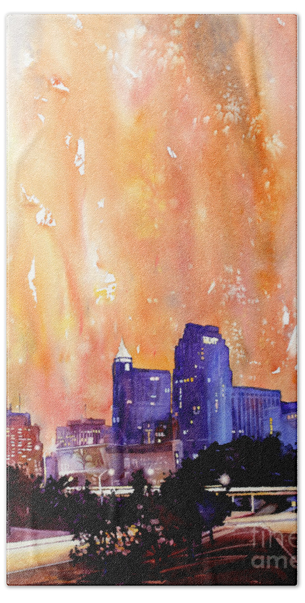 Watercolor Raleigh Beach Towel featuring the painting Raligh Skyline Sunset by Ryan Fox