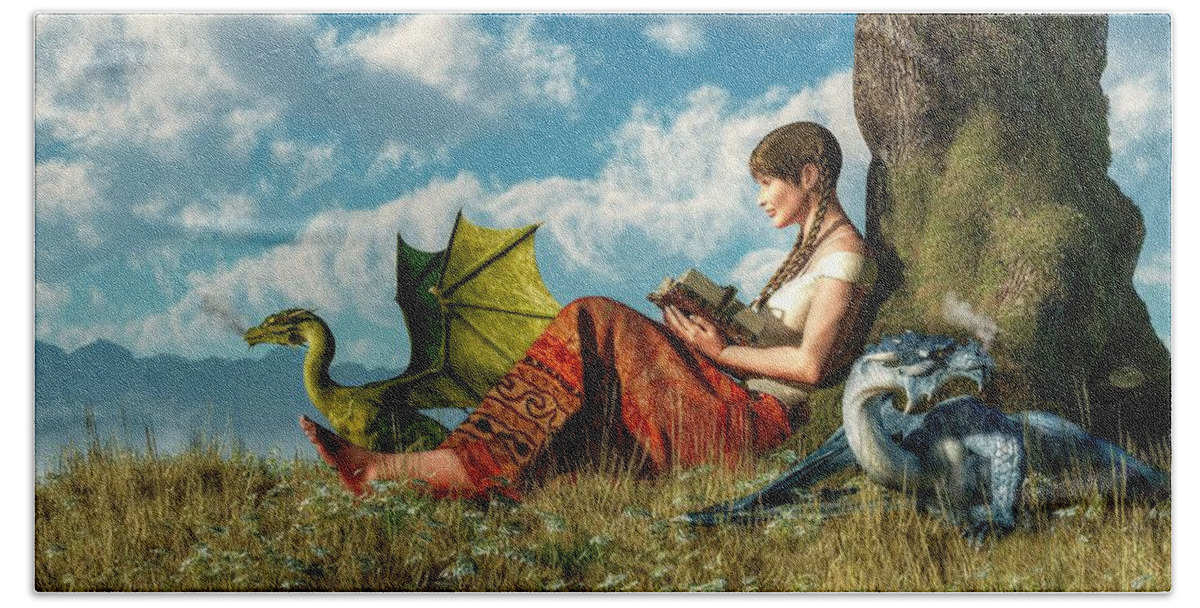 Reading About Dragons Beach Towel featuring the digital art Reading About Dragons by Daniel Eskridge