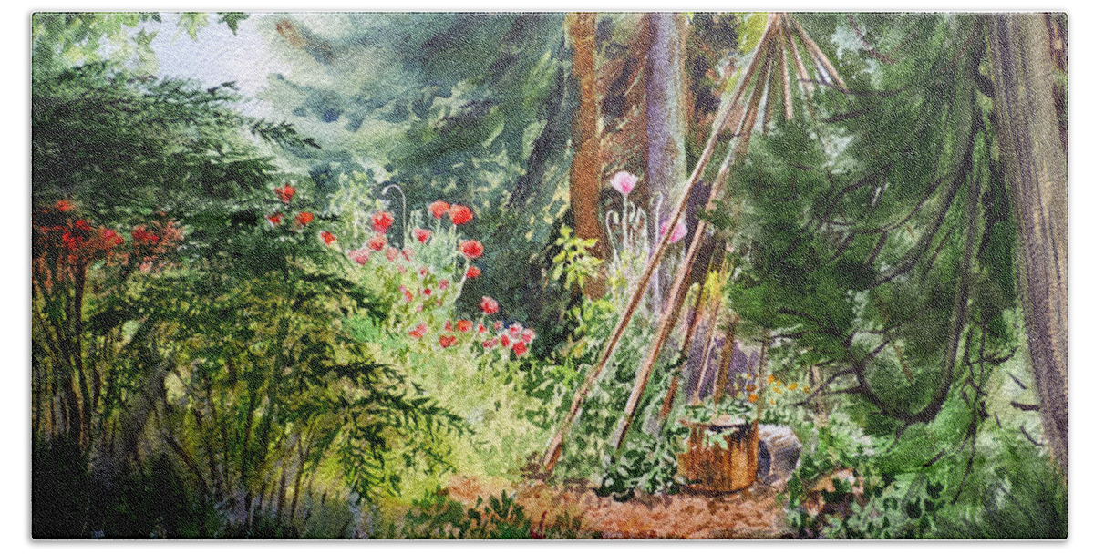 Landscape Beach Towel featuring the painting Poppies Season In The Garden by Irina Sztukowski