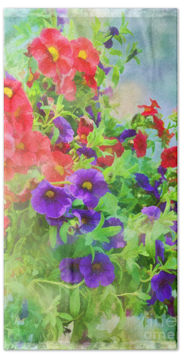 Flower Beach Sheet featuring the photograph Red and Purple Calibrachoa - Digital Paint I by Debbie Portwood