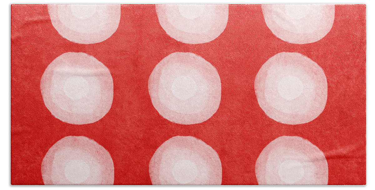 Shibori Beach Towel featuring the painting Red and White Shibori Circles by Linda Woods