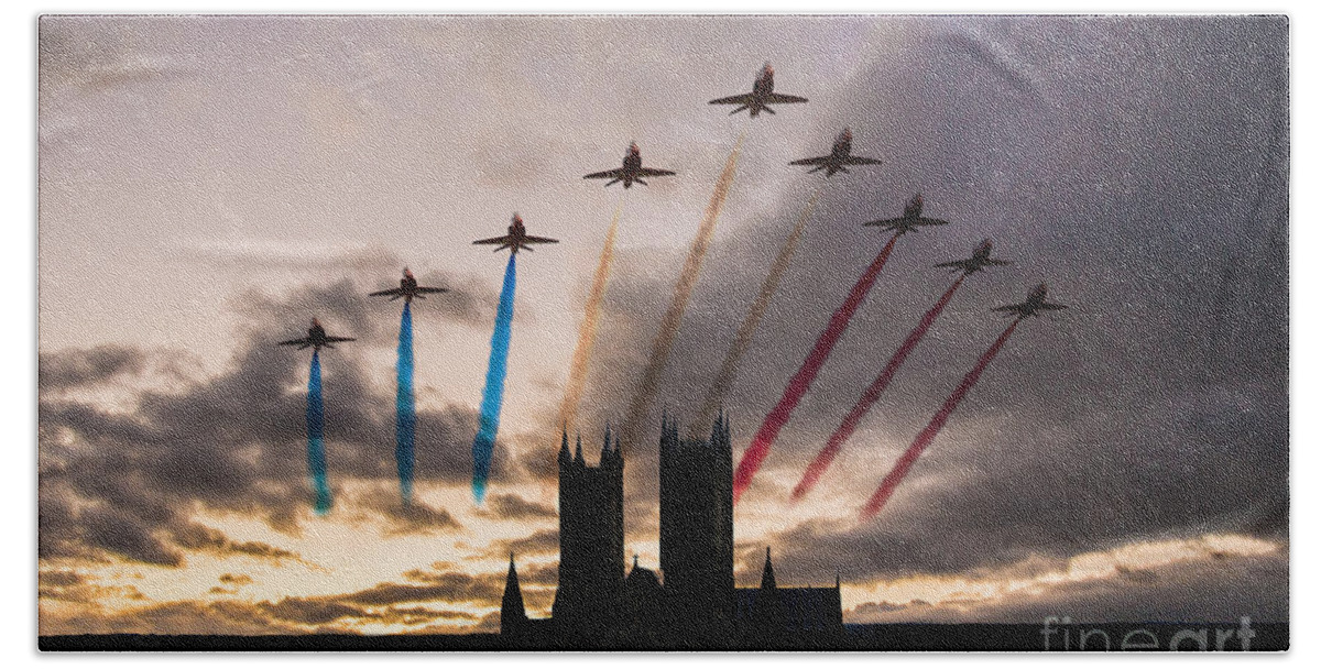 The Red Arrows Raf Beach Towel featuring the digital art Red Arrows over Lincoln Cathedral by Airpower Art