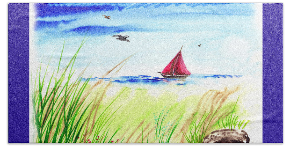 Red Beach Towel featuring the painting Red Boat Blue Sea by Irina Sztukowski
