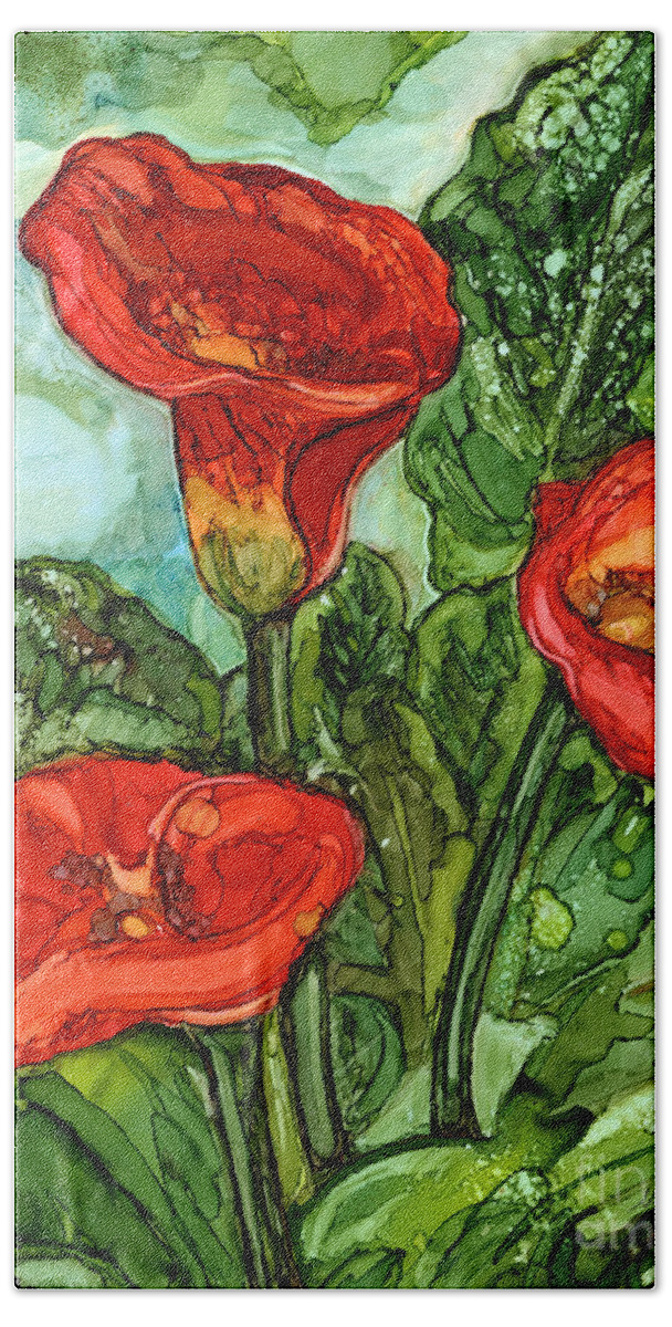Calla Lilies Beach Towel featuring the painting Red Callas by Vicki Baun Barry