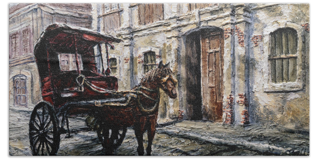 Carriage Beach Towel featuring the painting Red Carriage by Joey Agbayani