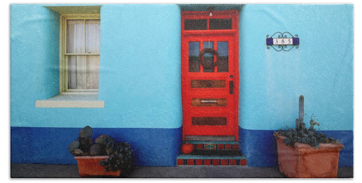 Door Beach Sheet featuring the photograph Red Door on Blue Wall by Joe Kozlowski