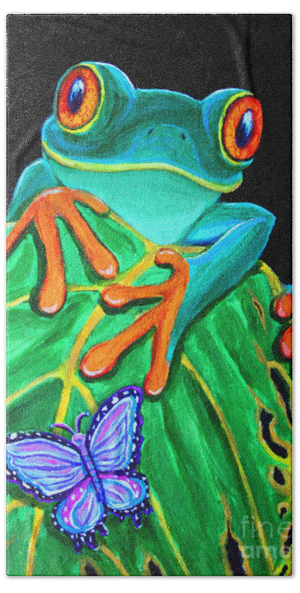 Red Eyed Tree Frog Beach Sheet featuring the painting Red-eyed tree frog and butterfly by Nick Gustafson