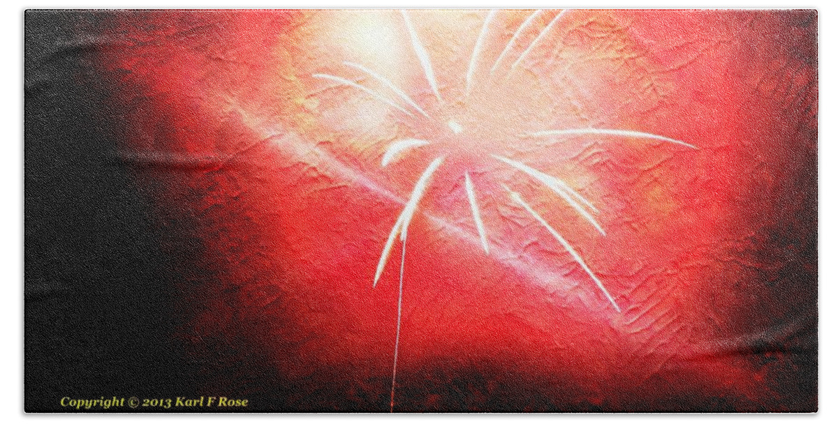 Fireworks Beach Towel featuring the photograph Red fireworks as painting by Karl Rose
