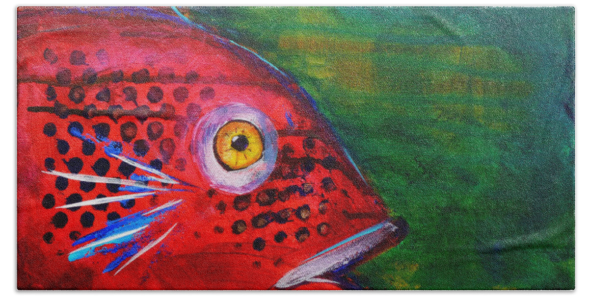 Abstract Beach Sheet featuring the painting Red Fish by Nancy Merkle