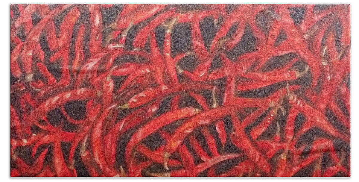 Red Hot Chillies Beach Towel featuring the painting Red Hot Chillies by Usha Shantharam