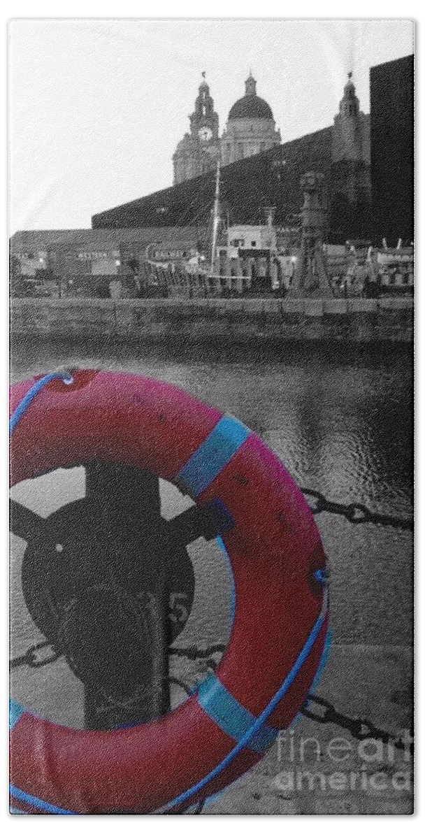 Red Colour Splash Beach Towel featuring the photograph Red Lifebelt At Albert Dock 2 by Joan-Violet Stretch