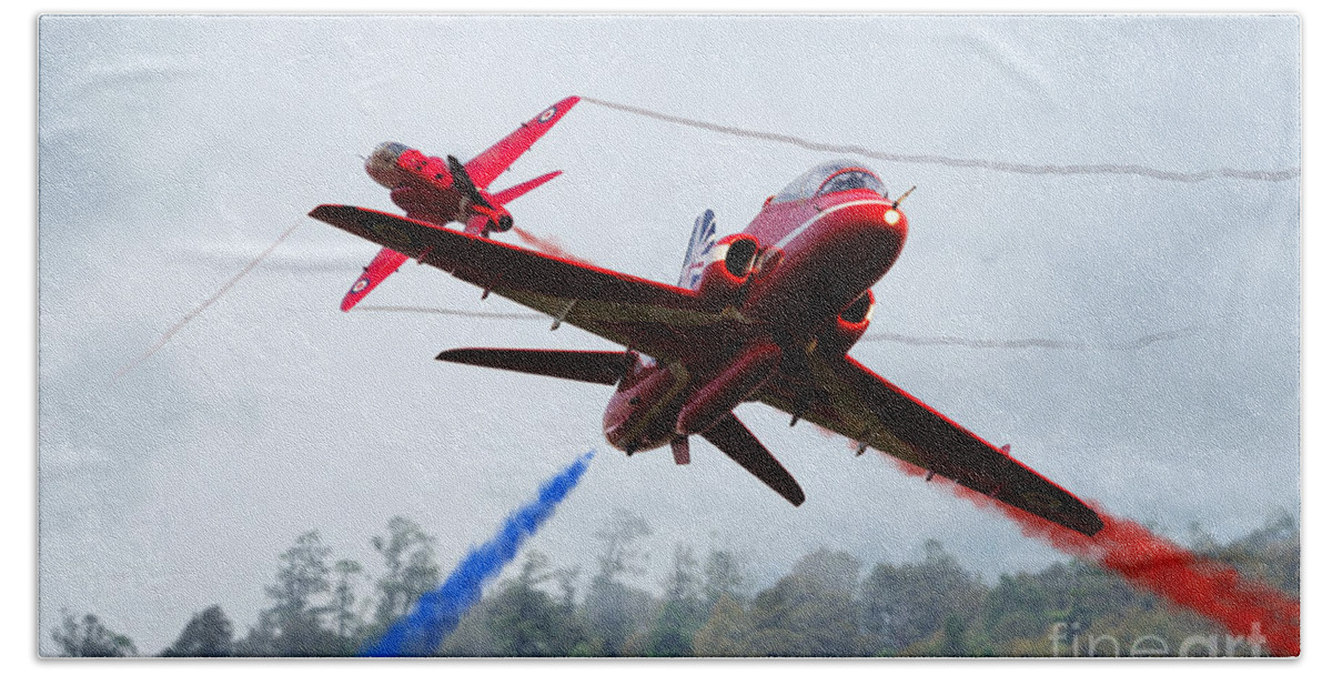 The Red Arrows Beach Towel featuring the digital art Red Pair by Airpower Art