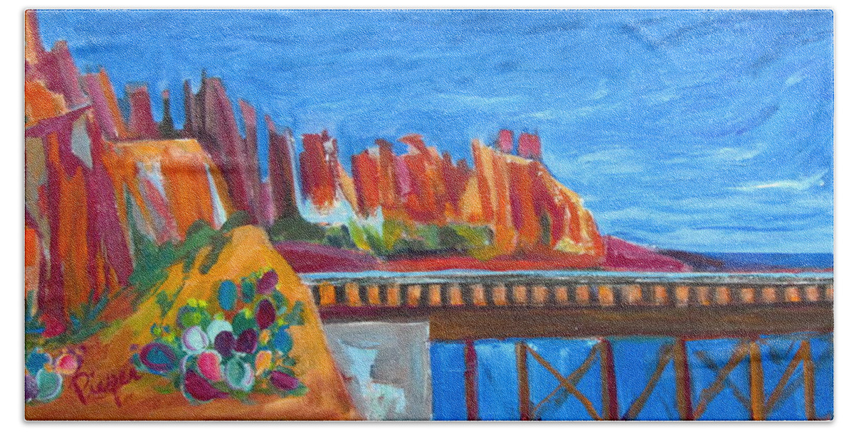 Southwest Beach Towel featuring the painting Red Rocks and Railroad Trestle by Betty Pieper