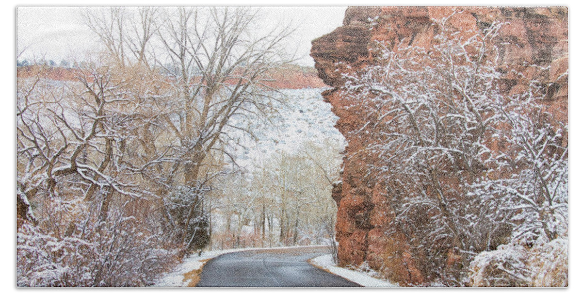 Red Rocks Beach Towel featuring the photograph Red Rocks Winter Landscape Drive by James BO Insogna