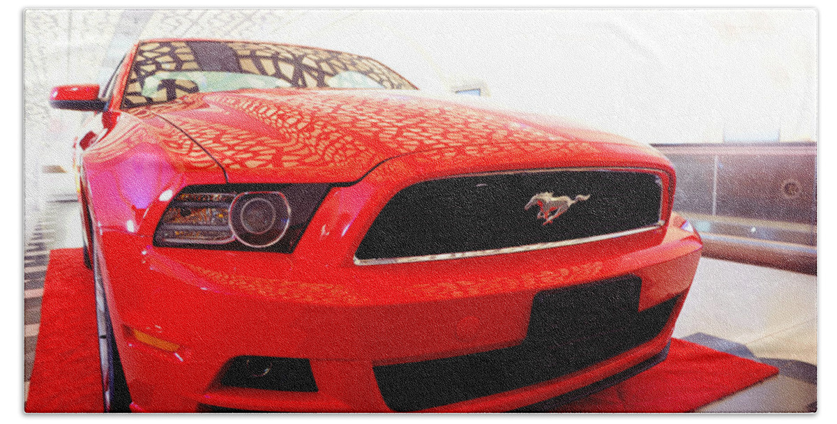 Ford Mustang Beach Towel featuring the photograph Red Savage Beauty. Ford Mustang by Jenny Rainbow