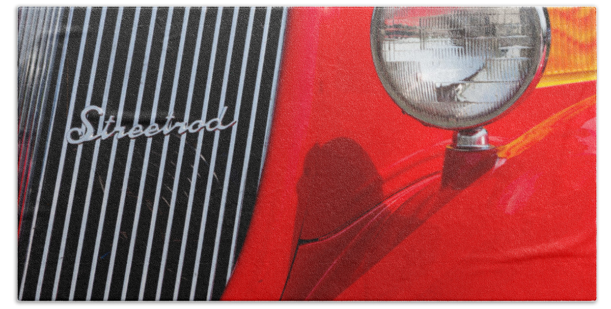 Headlight Beach Towel featuring the photograph Red Streetrod by Alexey Stiop