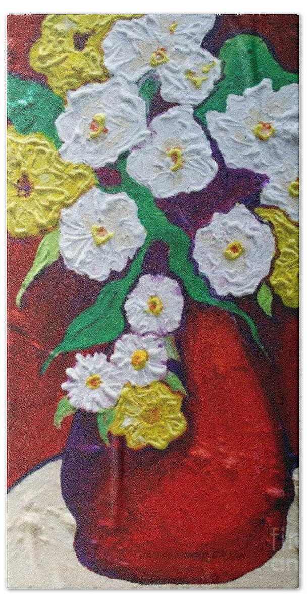 Flowers Beach Towel featuring the painting Red Vas with Yellow and White Flowers by Alison Caltrider